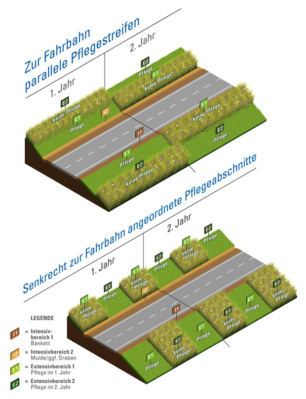 Schematische Darstellung von zur Fahrbahn parallelen Pflegestreifen und senkrecht zur Fahrbahn angeordneten Pflegeabschnitten